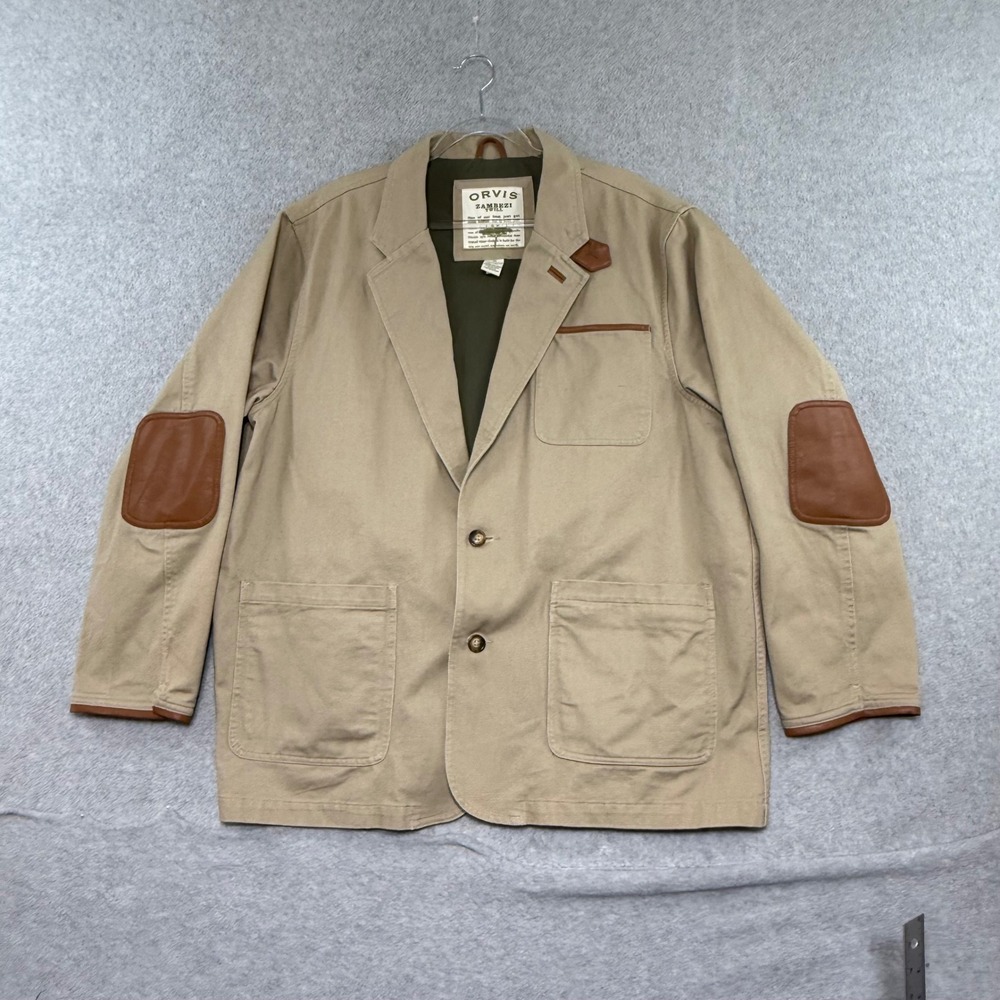 Orvis Zambezi Twill Field Jacket Mens 48 Tan Faux Leather Trim Safari Blazer
